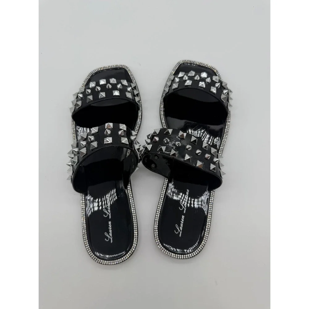 Lauren Lorraine Black Patent Jelly Studded Slide Sandals Silver Pyramid Stud 8.5